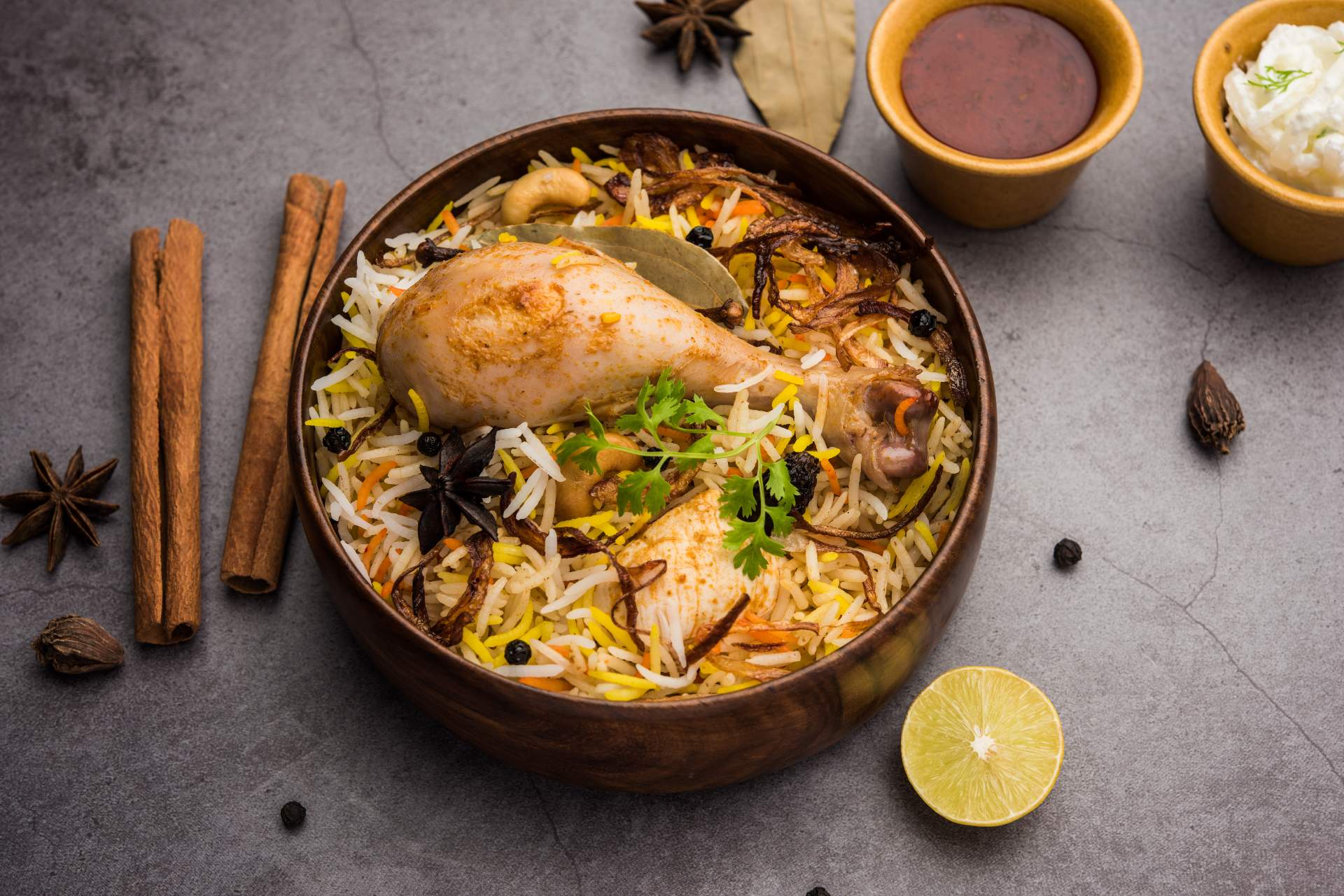A bowl with chicken biryani