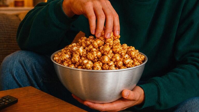 A bowl of butter and maple syrup popcorn.