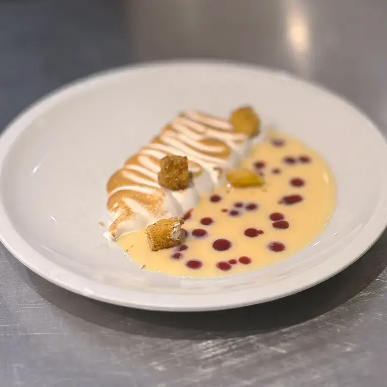 Meringue, Pandoro and Red Berry Coulis