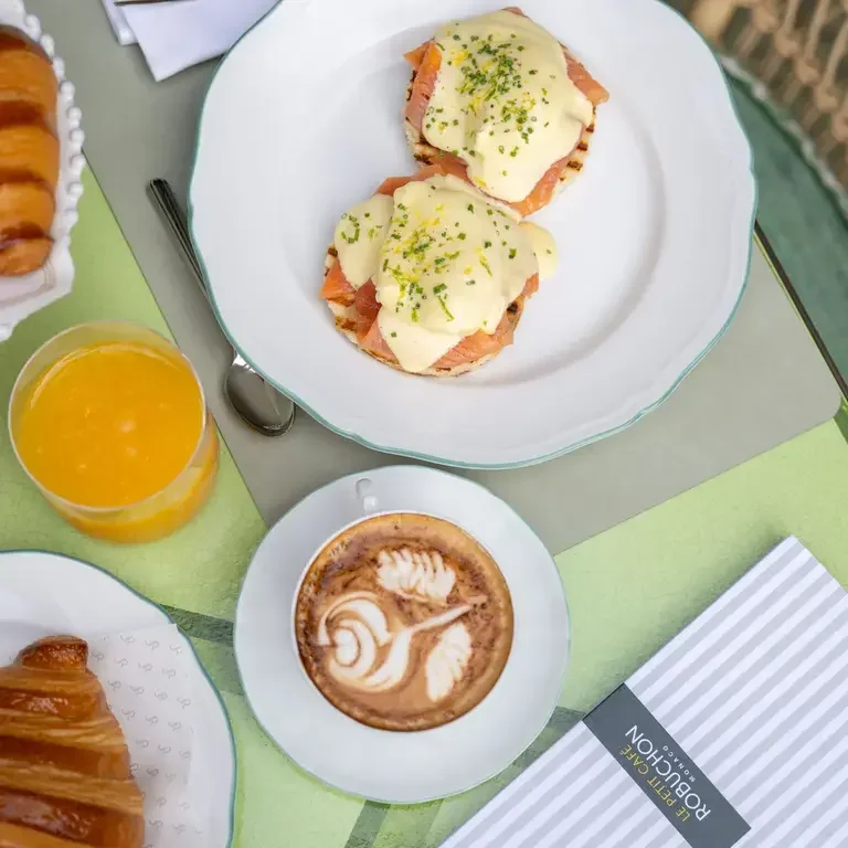Eggs, coffee and croissants at Le Petit Café Robuchon Monaco.