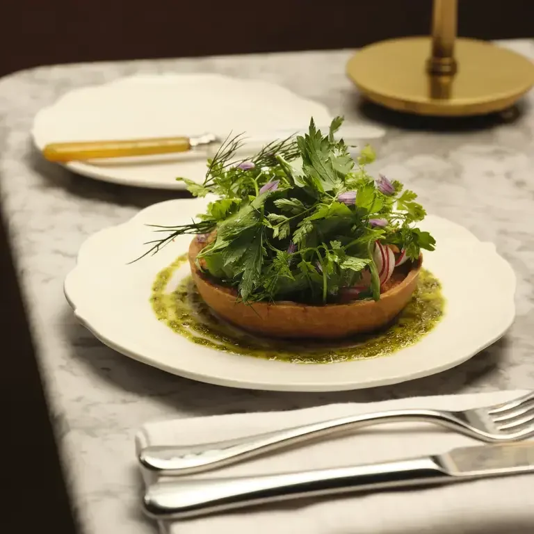 A tart with salad leaves at Teal in London.