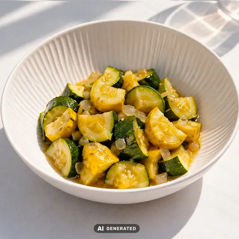 Braised summer squash and zucchini in a white bowl.