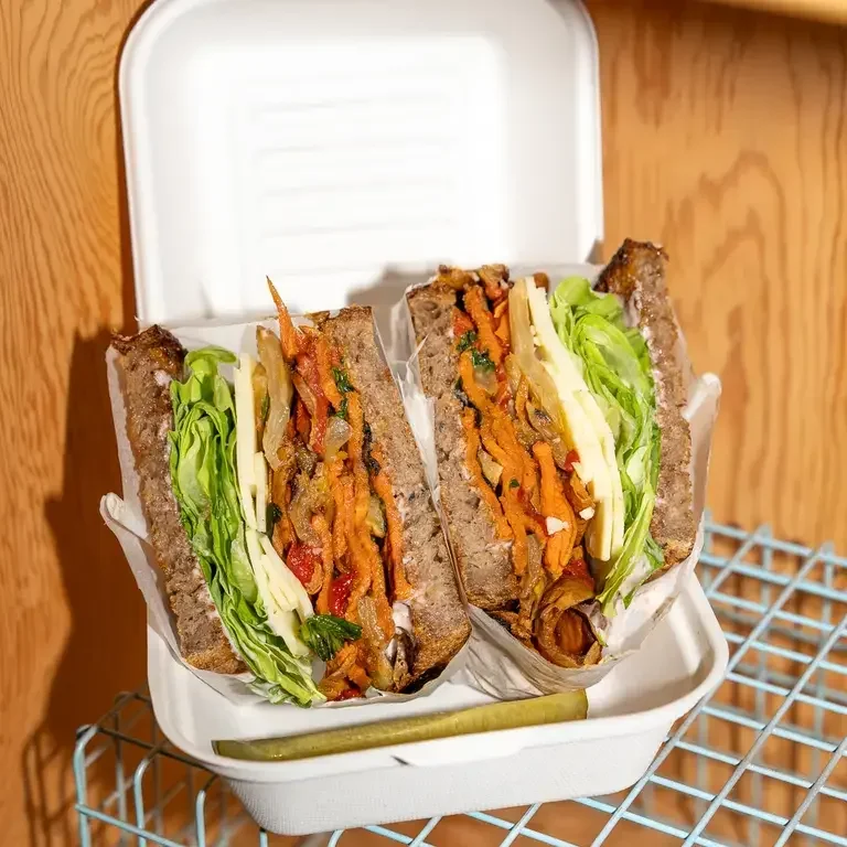 A sandwich in a box at Vilda's in Toronto