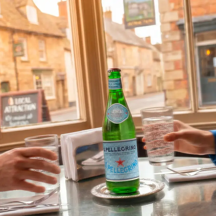 S.Pellegrino at a restaurant table in an English village.