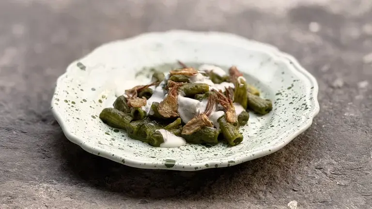 Tortiglioni with vegetable cream, fondue and fried artichokes plated