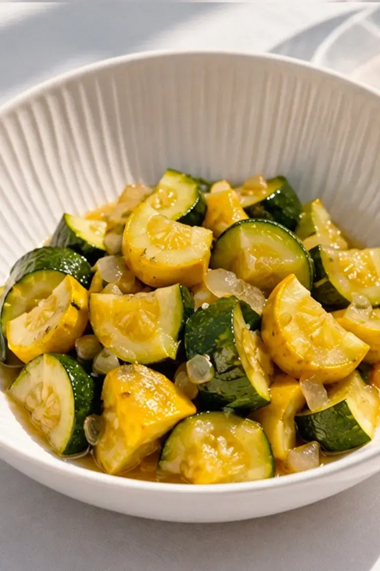 Braised summer squash and zucchini in a white bowl.