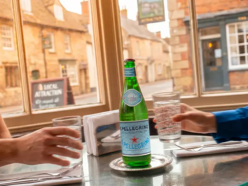 S.Pellegrino at a restaurant table in an English village.