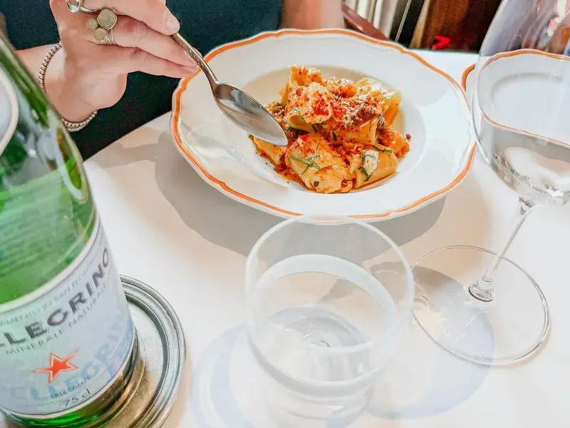Enjoying paccheri with sea bass at Langosteria.
