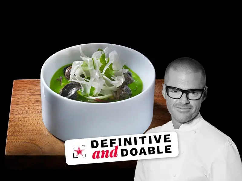 A portrait of chef Heston Blumenthal and his snail porridge dish.