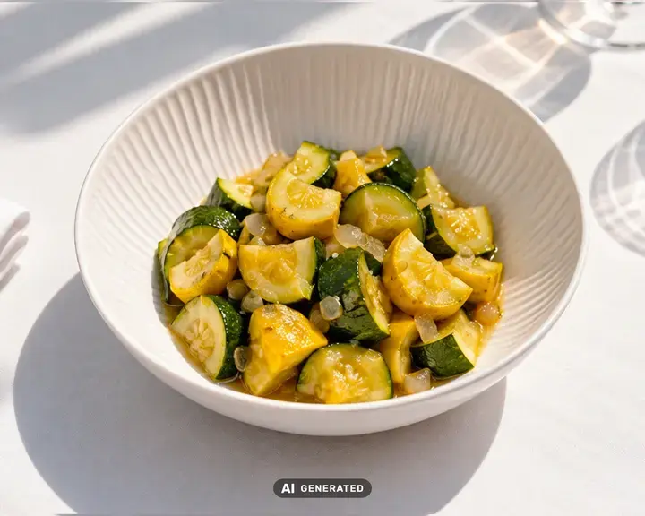 Braised summer squash and zucchini in a white bowl.