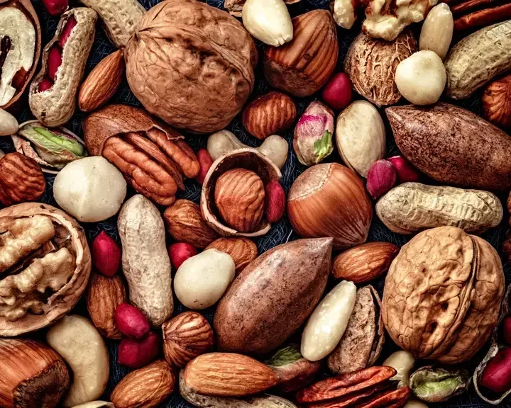 An overhead photo of a wide selection of nuts